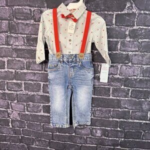Cat & Jack 12 Months Boy Heart Striped Shirt Jeans Suspender Bow Set